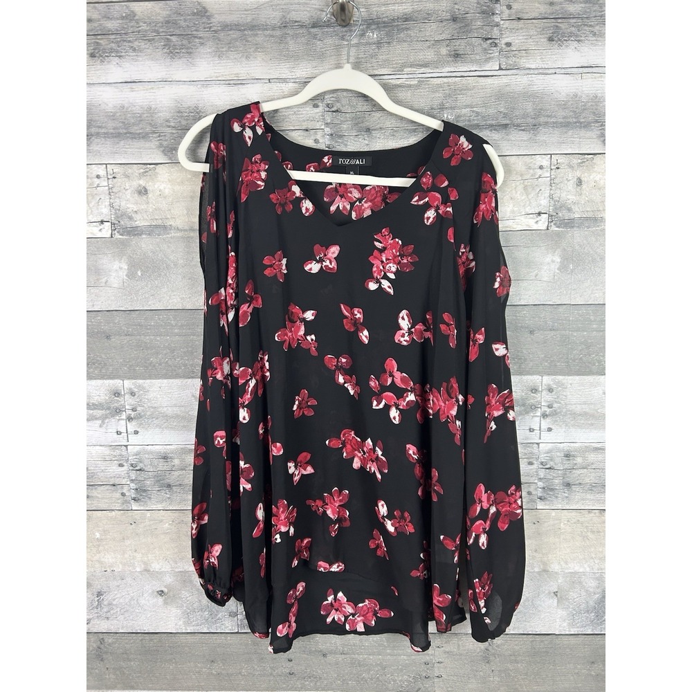 Roz & Ali Women's XL Cold Shoulder Long Sleeve Floral Blouse
